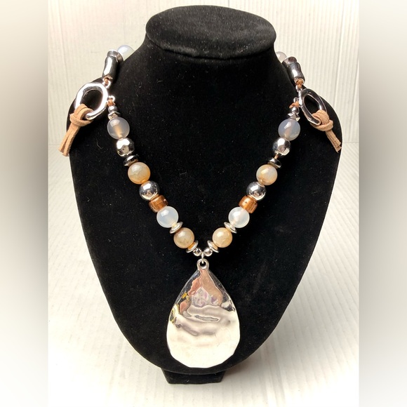unbranded Jewelry - Hammered Silver Tone Teardrop Pendant Bohemian Artisan Handmade Necklace Beaded